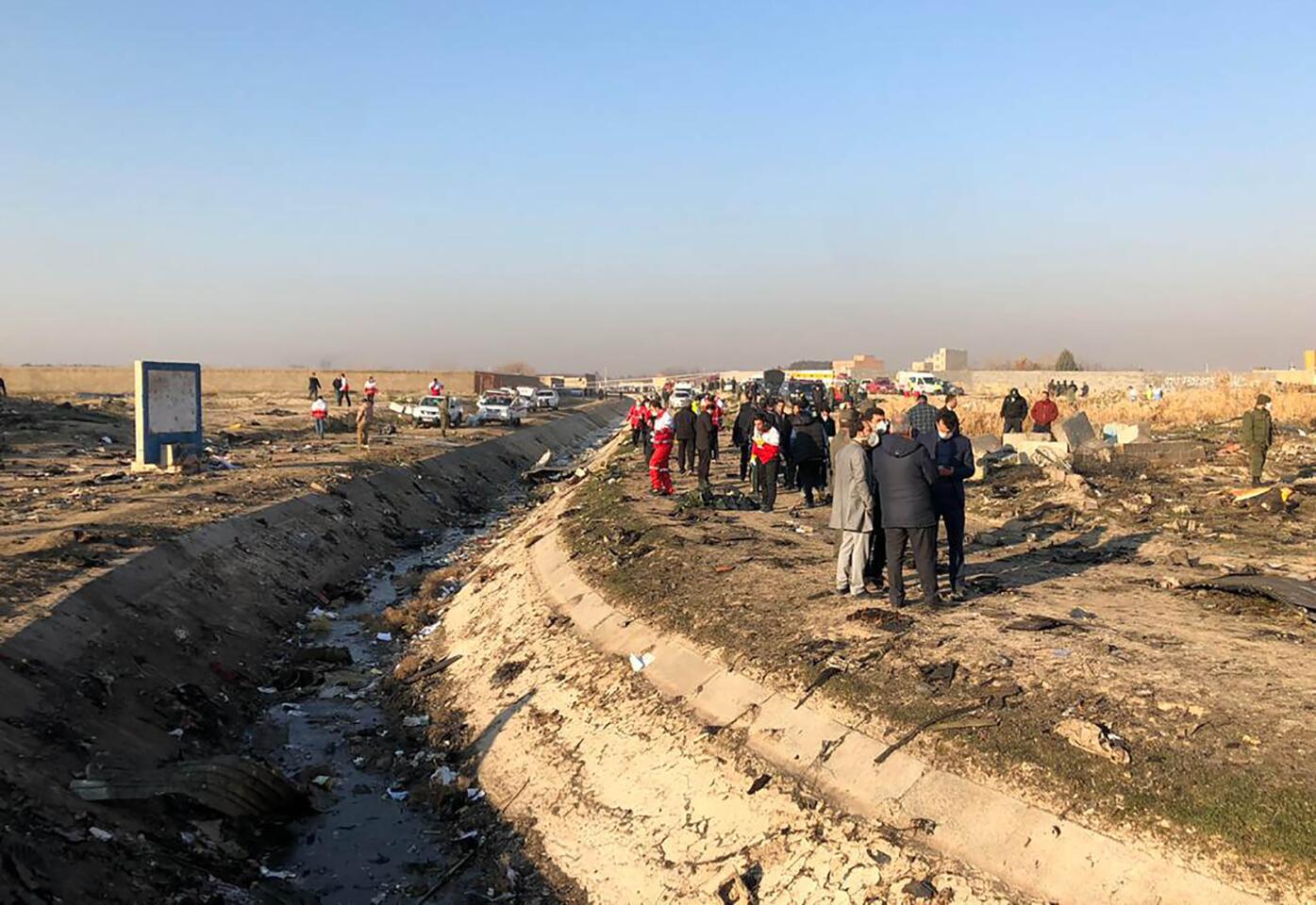 Another view of the debris from Wednesday's plane crash. The crash came hours after Iran launched a ballistic missile attack targeting two bases in Iraq housing U.S. forces in retaliation for the killing of Revolutionary Guard Gen. Qassem Suleimani.