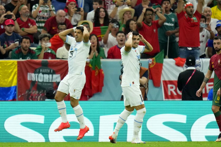 Los uruguayos Luis Suárez y Maxi Gómez reaccionan después de perder una oportunidad de anotar durante el partido contra Portugal por el Grupo H de la Copa Mundial en el Estadio Lusail en Lusail, Qatar, el lunes 28 de noviembre de 2022. (Foto AP/Petr David Josek)