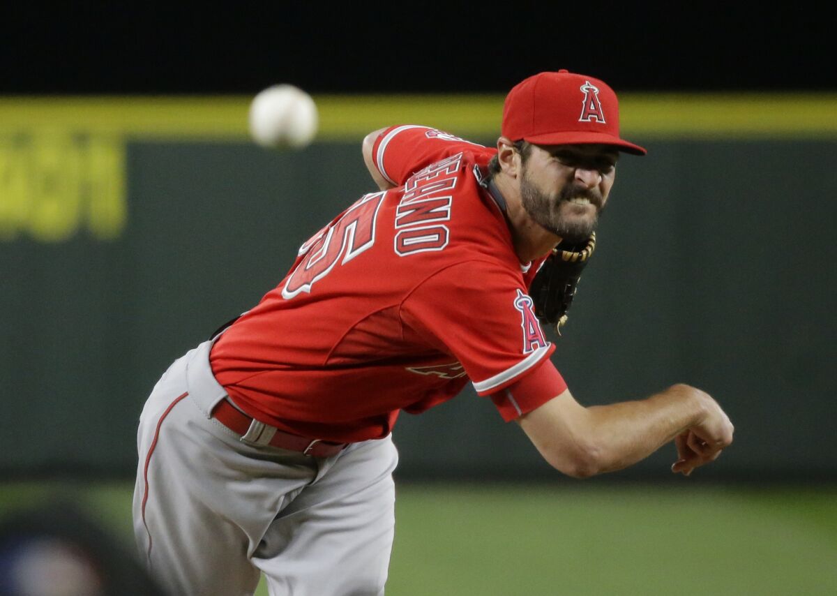 Angels pitcher Nick Tropeano throws in a game against the Mariners last week.