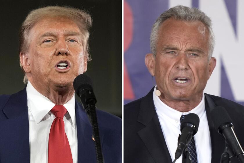 This combination photo shows Republican presidential candidate former President Donald Trump at a campaign rally on May 1, 2024, in Waukesha, Wis., left, and presidential candidate Robert F. Kennedy, Jr. during a campaign event, Oct. 9, 2023, in Philadelphia. Trump is addressing the Libertarian National Convention Saturday, May 25, 2024, courting a segment of the conservative electorate that's often skeptical of the former president's bombast while trying to ensure attendees aren't drawn to independent White House hopeful Kennedy, Jr. (AP Photo)