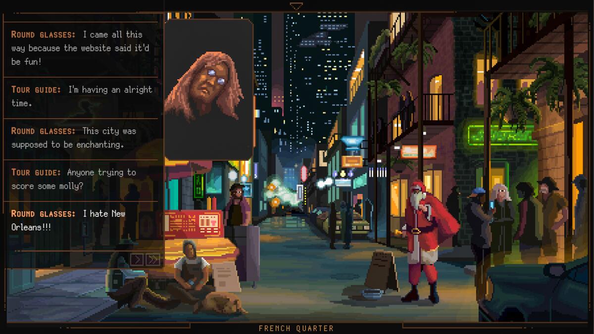 A video game screenshot of a street at night, with a box of running dialogue.