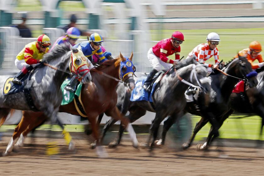 LOS ALAMITOS, CALIF. - JUNE 29, 2019. Horses and jockeys charge out of the starting gate during the sixth race.