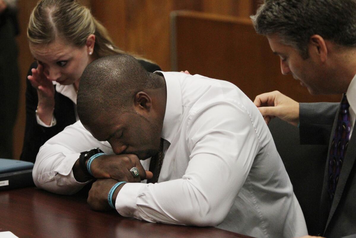 An emotional Brian Banks, a former star high school football player who was convicted of raping a classmate, at the 2012 hearing when his conviction was dismissed after his accuser recanted. On Monday, state lawmakers approved a bill that would pay Banks $142,200.