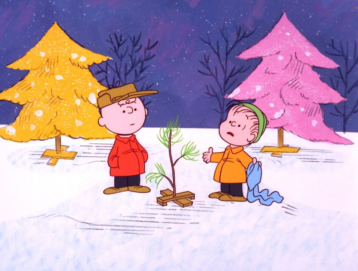 Charlie Brown and Linus in a Christmas tree lot.