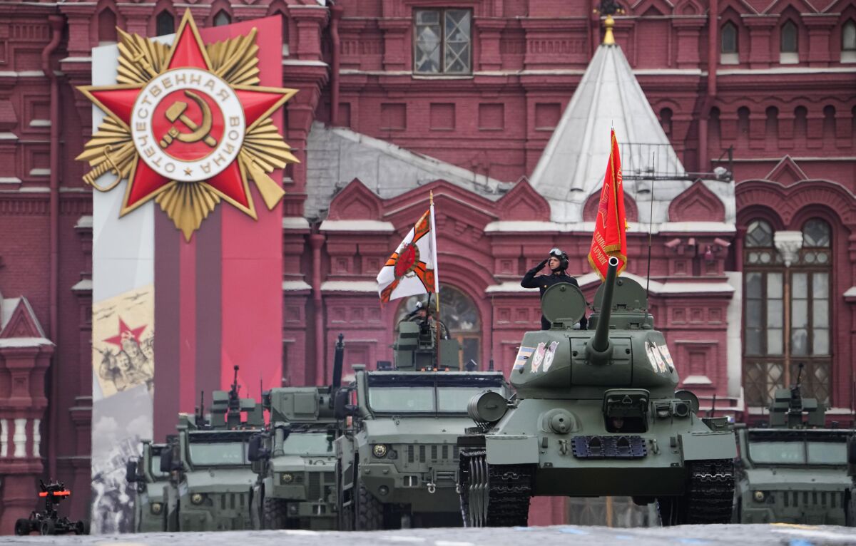 Russian military vehicles roll during the Victory Day military parade in Moscow, Russia, Monday, May 9, 2022, marking the 77th anniversary of the end of World War II. (AP Photo/Alexander Zemlianichenko)