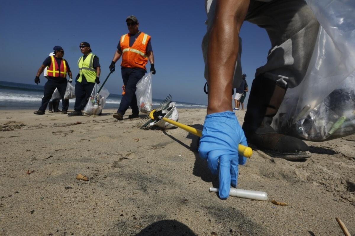 Cleanup contractors for the city of Los Angeles pick up tampon applicators that washed ashore at Dockweiler State Beach in Playa del Rey on Sept. 24, 2015.