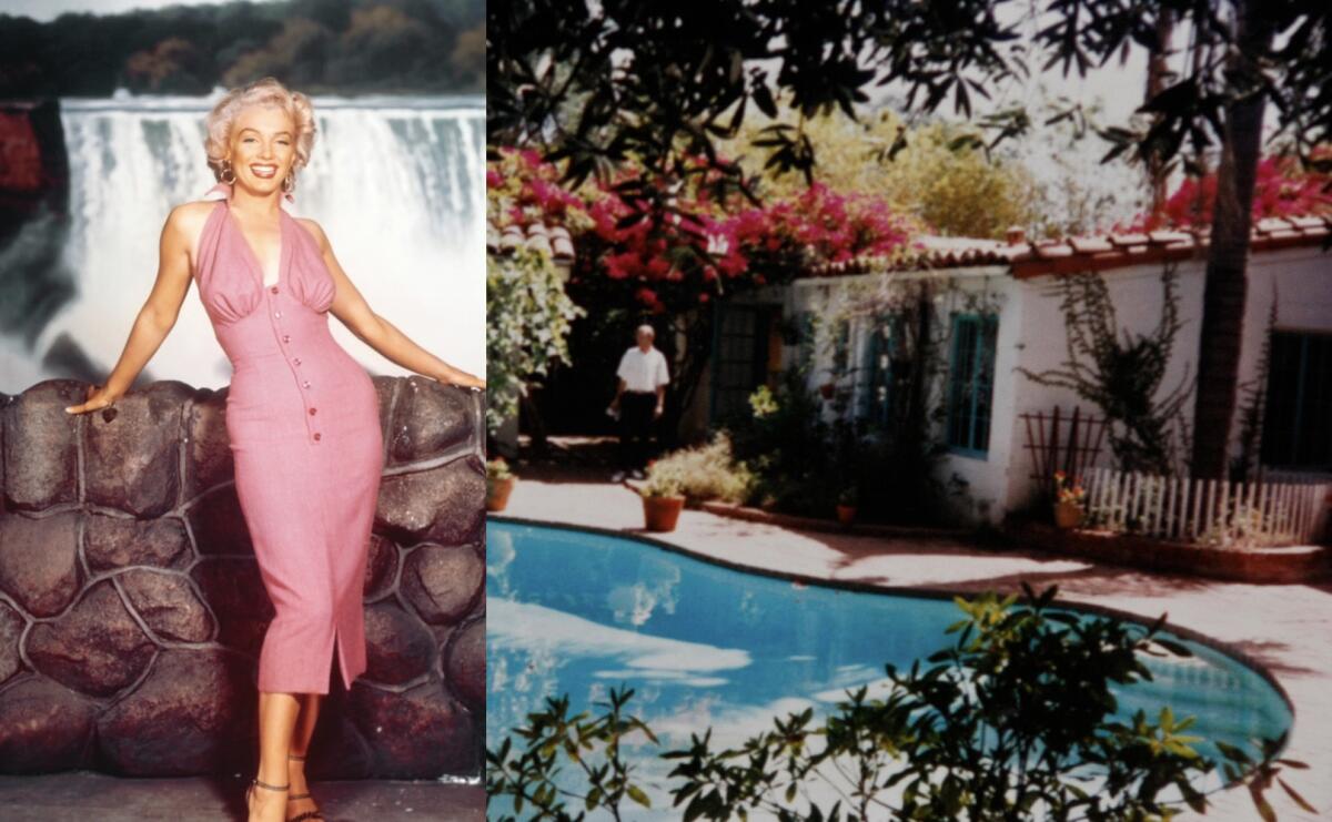 Left, Marilyn Monroe poses in a pink dress in front of a waterfall. Right, her home is pictured with pink bougainvillea. 