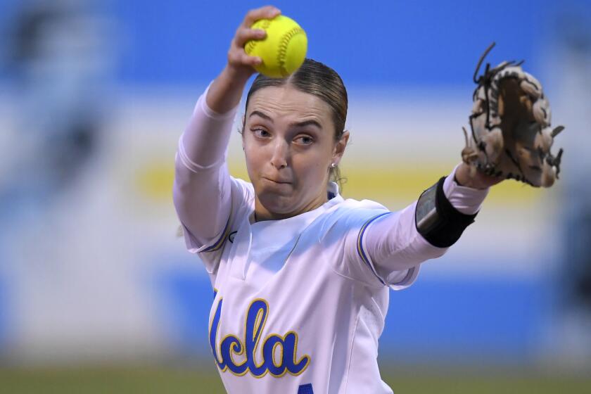 UCLA starting pitcher Holly Azevedo (4) during an NCAA softball game on Friday, May 20, 2022, in Los Angeles. (AP Photo/John McCoy)