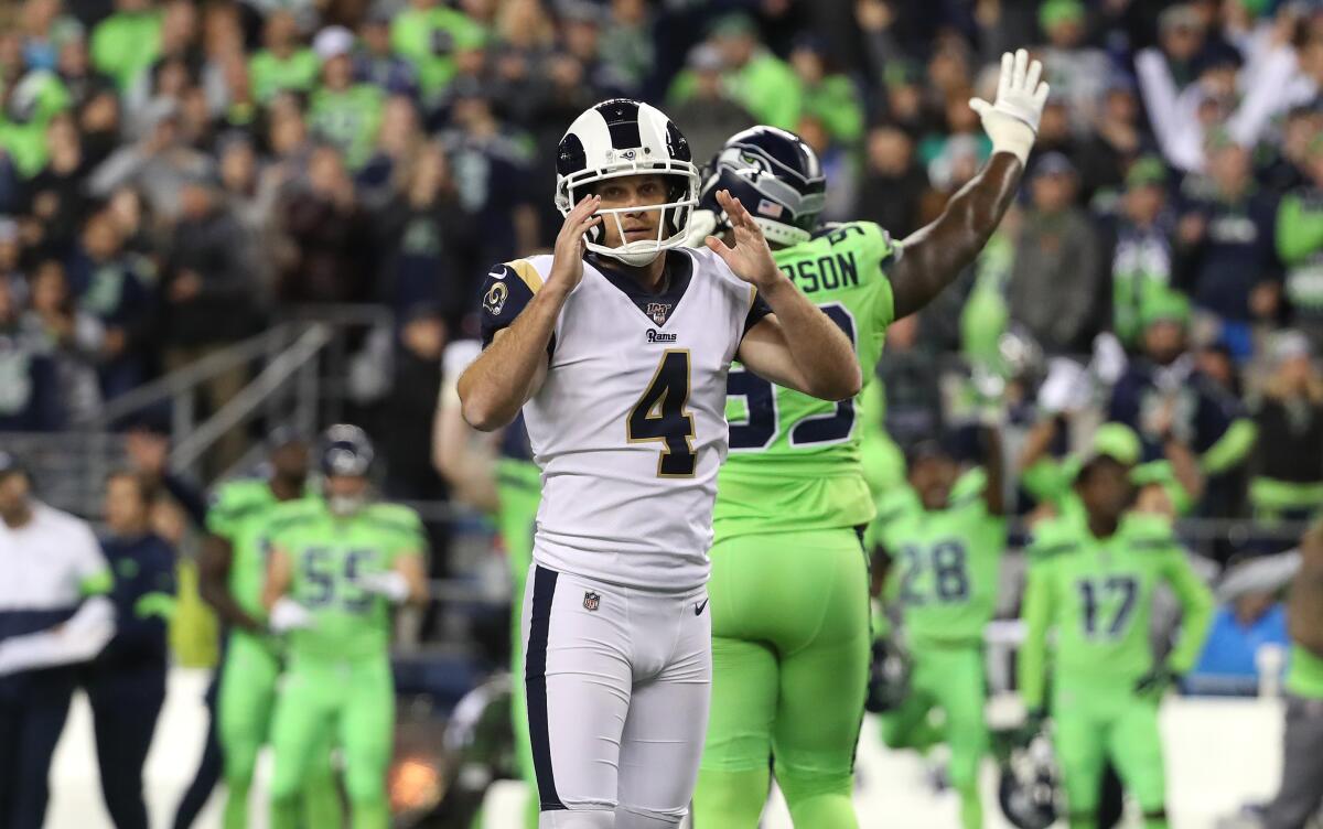 Rams kicker Greg Zuerlein reacts after missing a 44-yard field-goal attempt in the final seconds of a 30-29 loss to the Seattle Seahawks on Thursday.