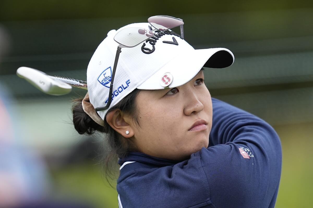 Rose Zhang watches her tee shot on the fifth hole during a practice round at Pebble Beach Golf Links on Tuesday.