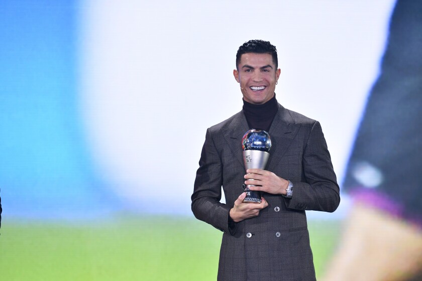 FIFA Special Best Men's award winner Cristiano Ronaldo during the Best FIFA Football Awards 2021 in Zurich, Switzerland, Monday, Jan. 17, 2022. (Harold Cunningham/Pool Photo via AP)