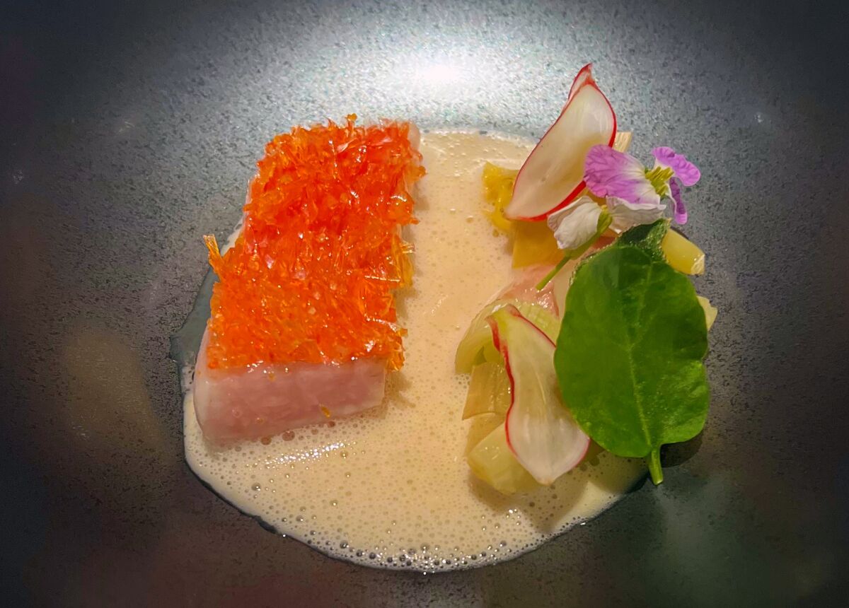 The splendid alfonsino seafood course at Addison Restaurant in San Diego.