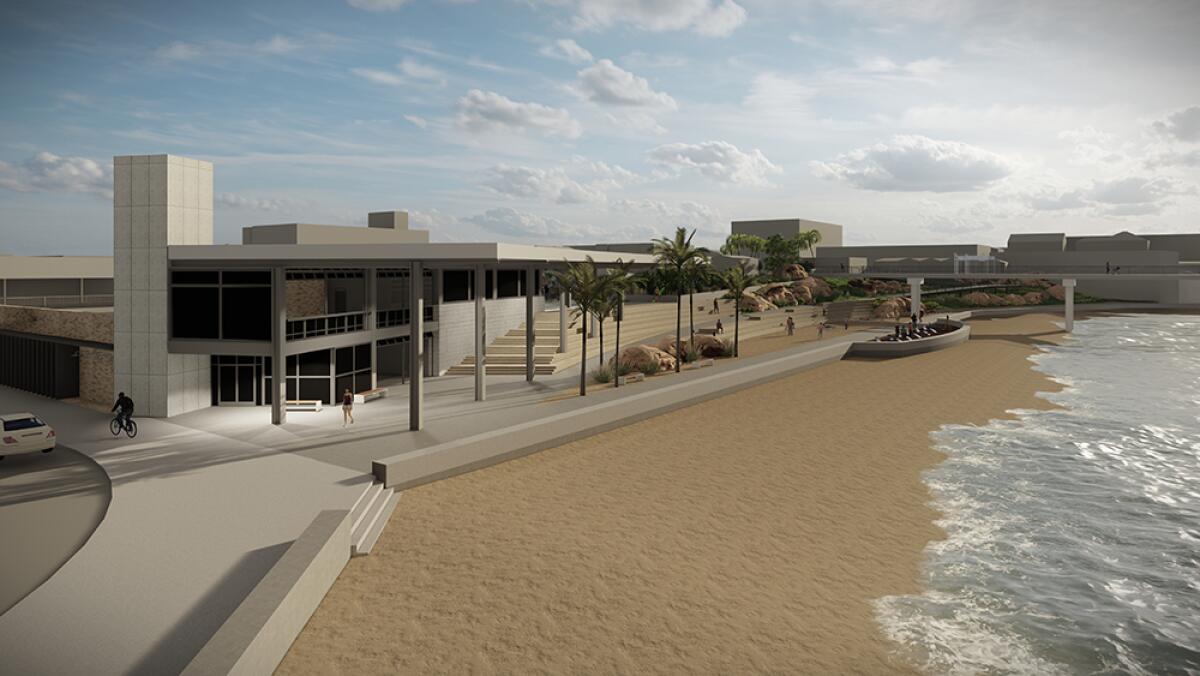 A rendering shows an option for adding retail space at the Newport Avenue pier parking area.