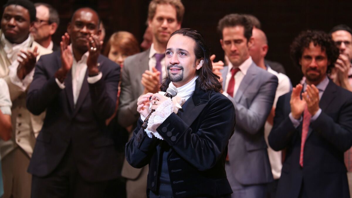 Lin-Manuel Miranda and the creative team during the Broadway opening night performance of "Hamilton" at the Richard Rodgers Theatre.