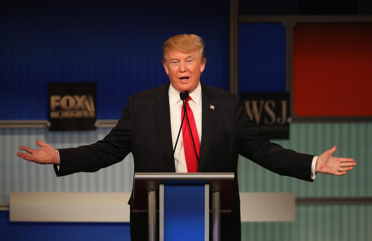 Donald Trump speaks during the Fox Business Network GOP presidential debate in Milwaukee on Nov. 10.