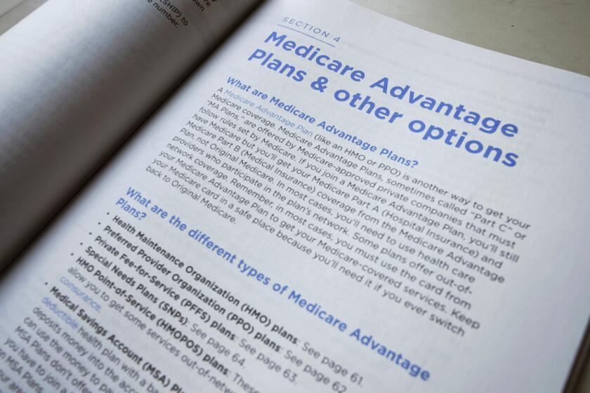 FILE - A page from the 2019 U.S. Medicare Handbook is displayed on Nov. 8, 2018, in Washington. About half of Medicare Advantage members left their plans by the end of five years, according to a study published in 2023. Most switched to another Medicare Advantage plan, but not necessarily because they liked Medicare Advantage. Returning to Original Medicare can be tricky after you first sign up, because you may not be able to get a Medigap plan. (AP Photo/Pablo Martinez Monsivais, File)