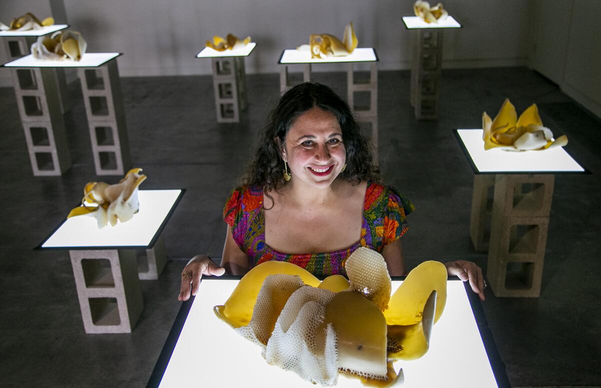 Artist Alicia Rojas is shown with one of her artworks on May 8 in Santa Ana.