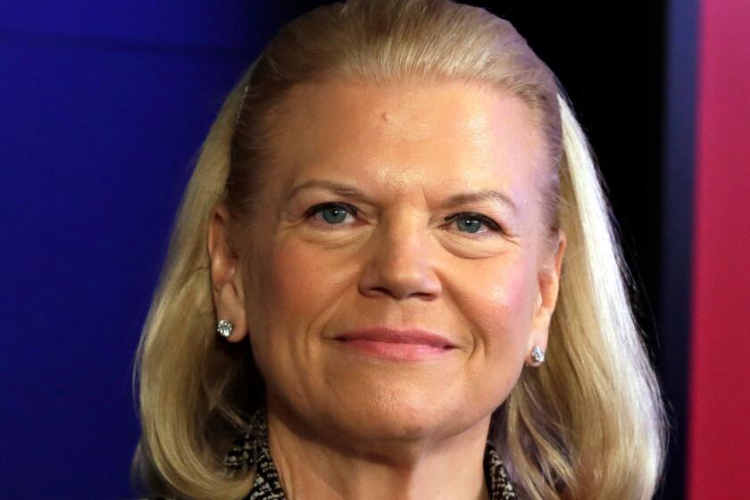 FILE - In this Thursday, April 30, 2015, file photo, IBM CEO Virginia Rometty participates in a news conference at IBM Watson headquarters, in New York. Rometty was one of the highest paid CEOs and the top paid female CEO in 2016, according to a study carried out by executive compensation data firm Equilar and The Associated Press. (AP Photo/Richard Drew, File)