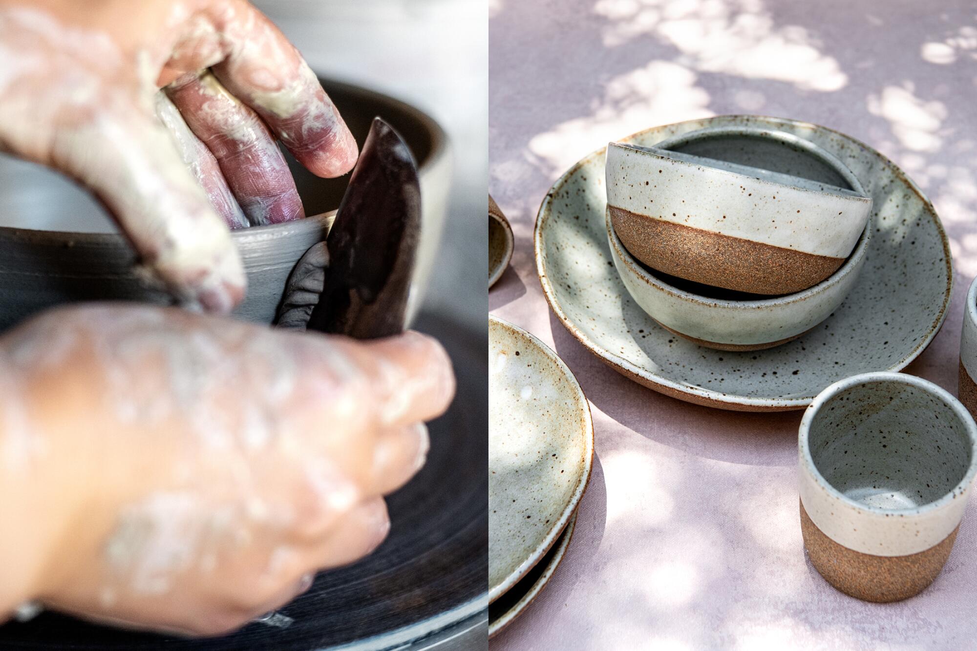 Close-up on a woman's hands shaping a bowl on the left alongside an image of the same finished bowl on the right.
