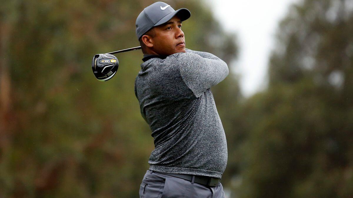 Jhonattan Vegas tees off on the ninth hole during the second round of the Genesis Open at Riviera Country Club on Friday.