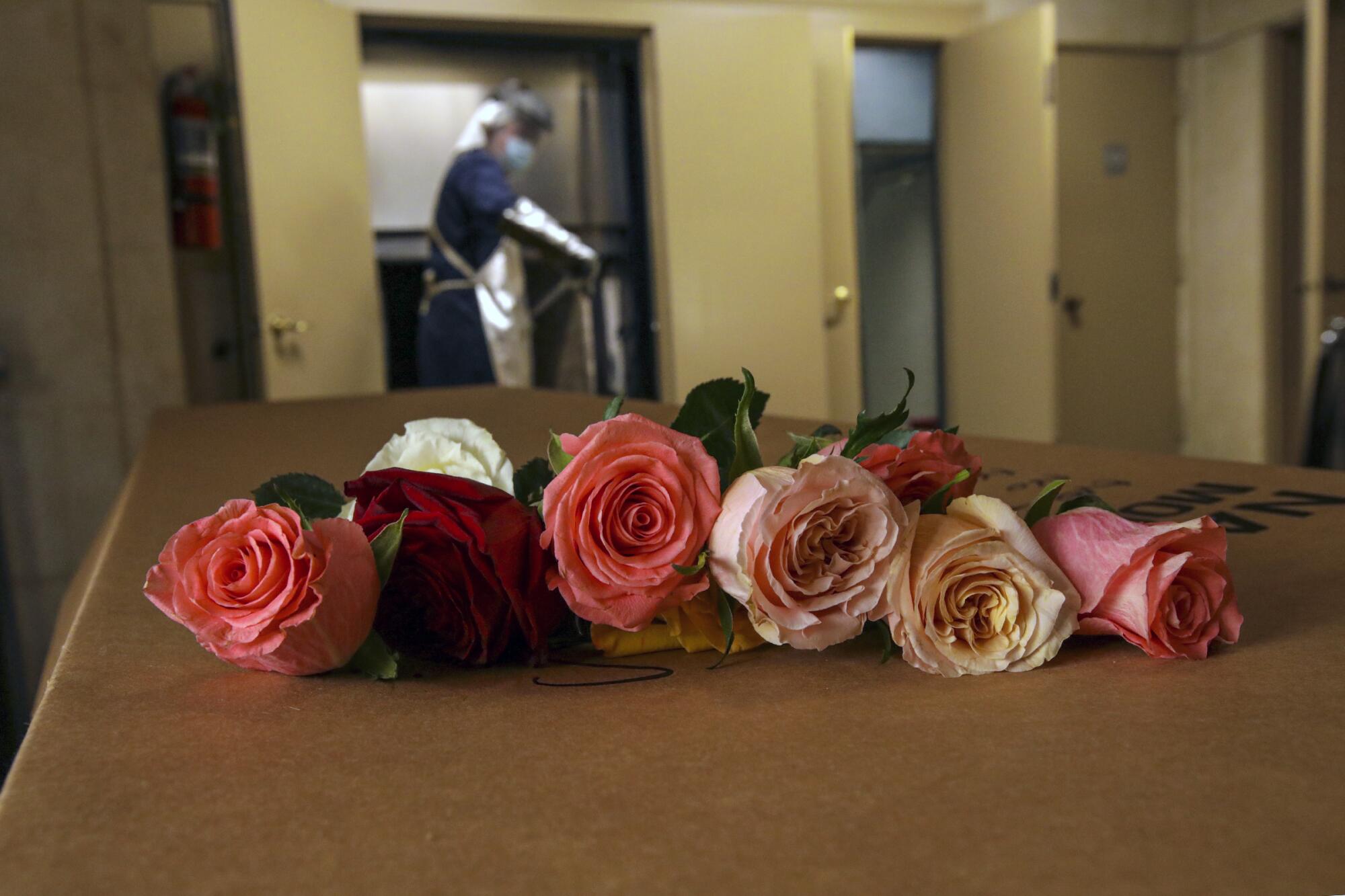 Roses lie atop a cardboard coffin as a crematorium technician works in the background. 