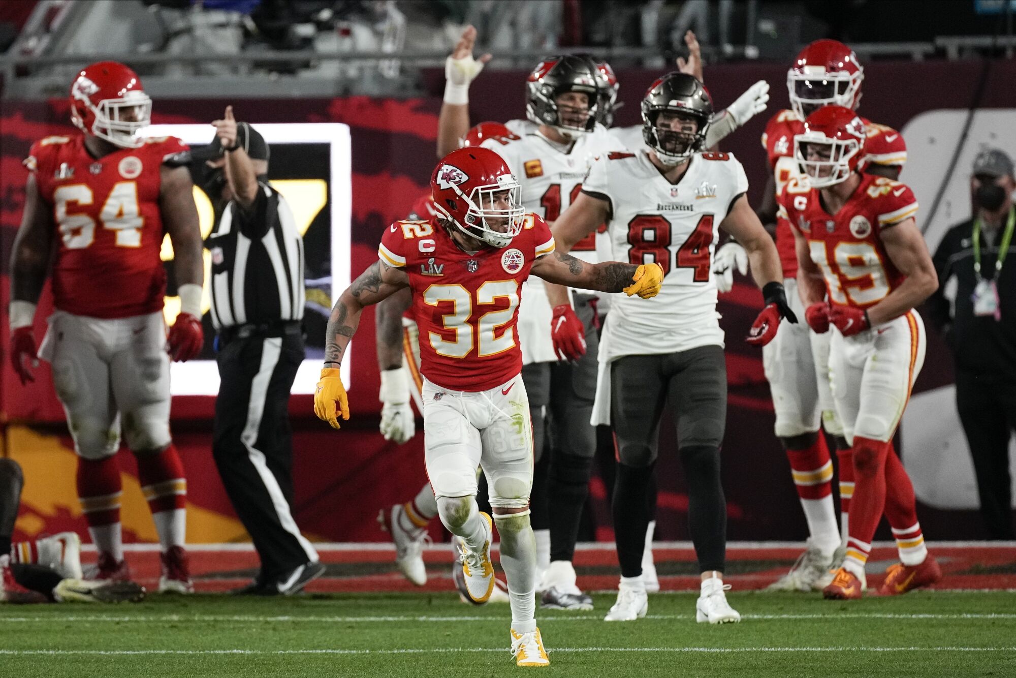 Kansas City Chiefs strong safety Tyrann Mathieu celebrates a goal line stand against the Tampa Bay Buccaneers.