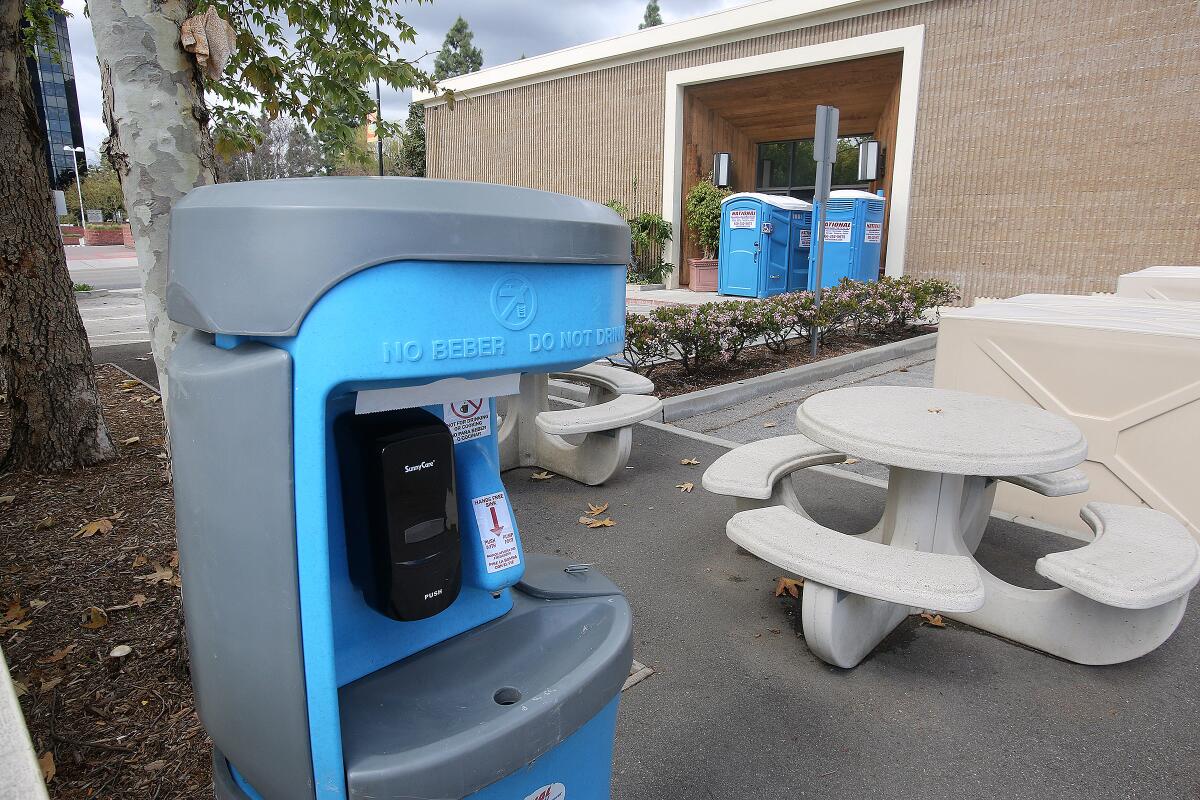 Burbank has set up two portable restrooms and a hand-washing station for the city's homeless population in the downtown area to keep themselves clean during the coronavirus outbreak as the pandemic has prompted city officials to close public buildings indefinitely. 