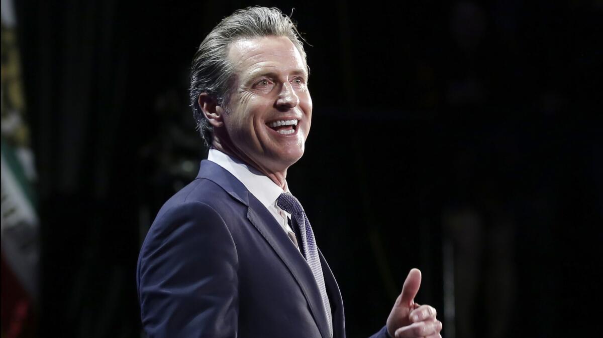 Gavin Newsom addresses his supporters at Exchange LA in downtown Los Angeles after winning the race for governor of California.