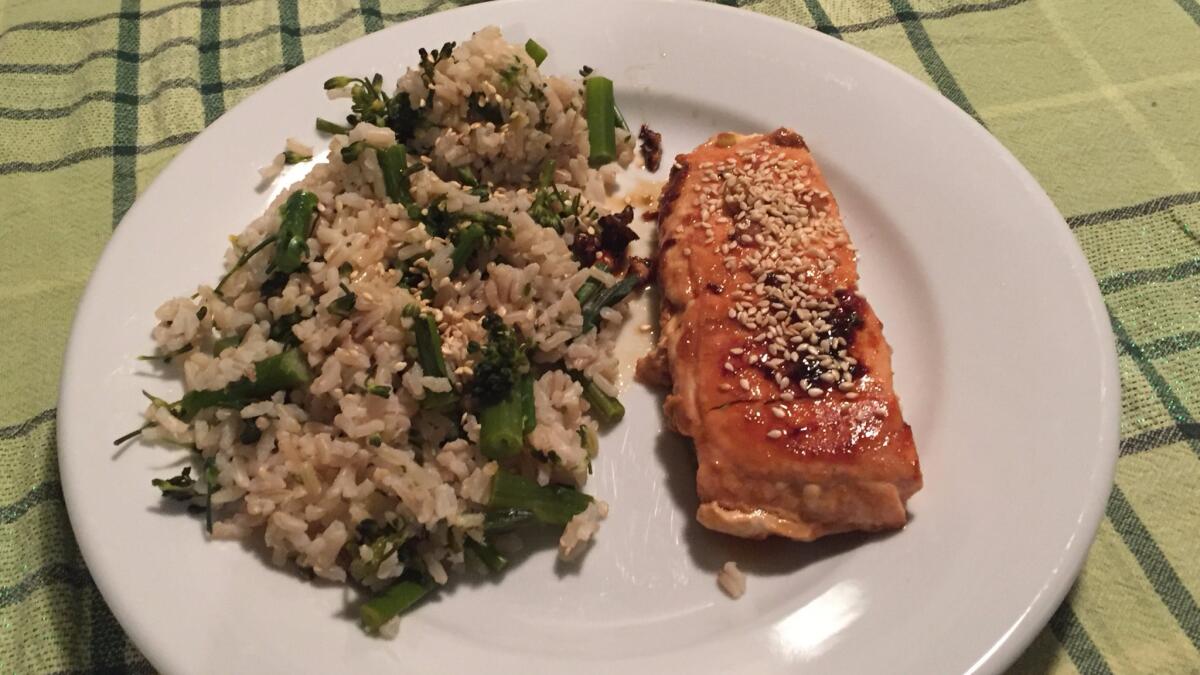 Sesame salmon with brown rice and asparagus.