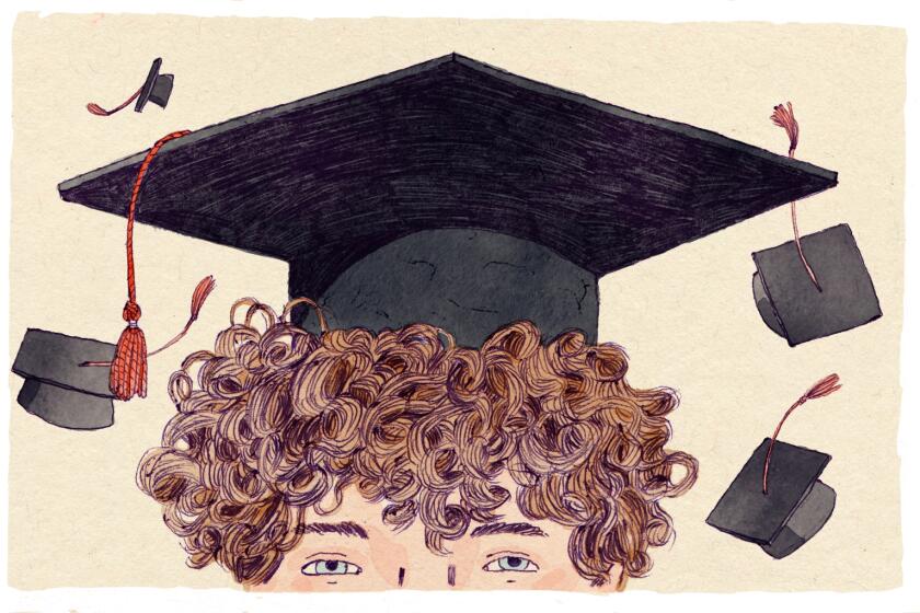 Illustration of a graduating boy winking, with graduation caps in the background.