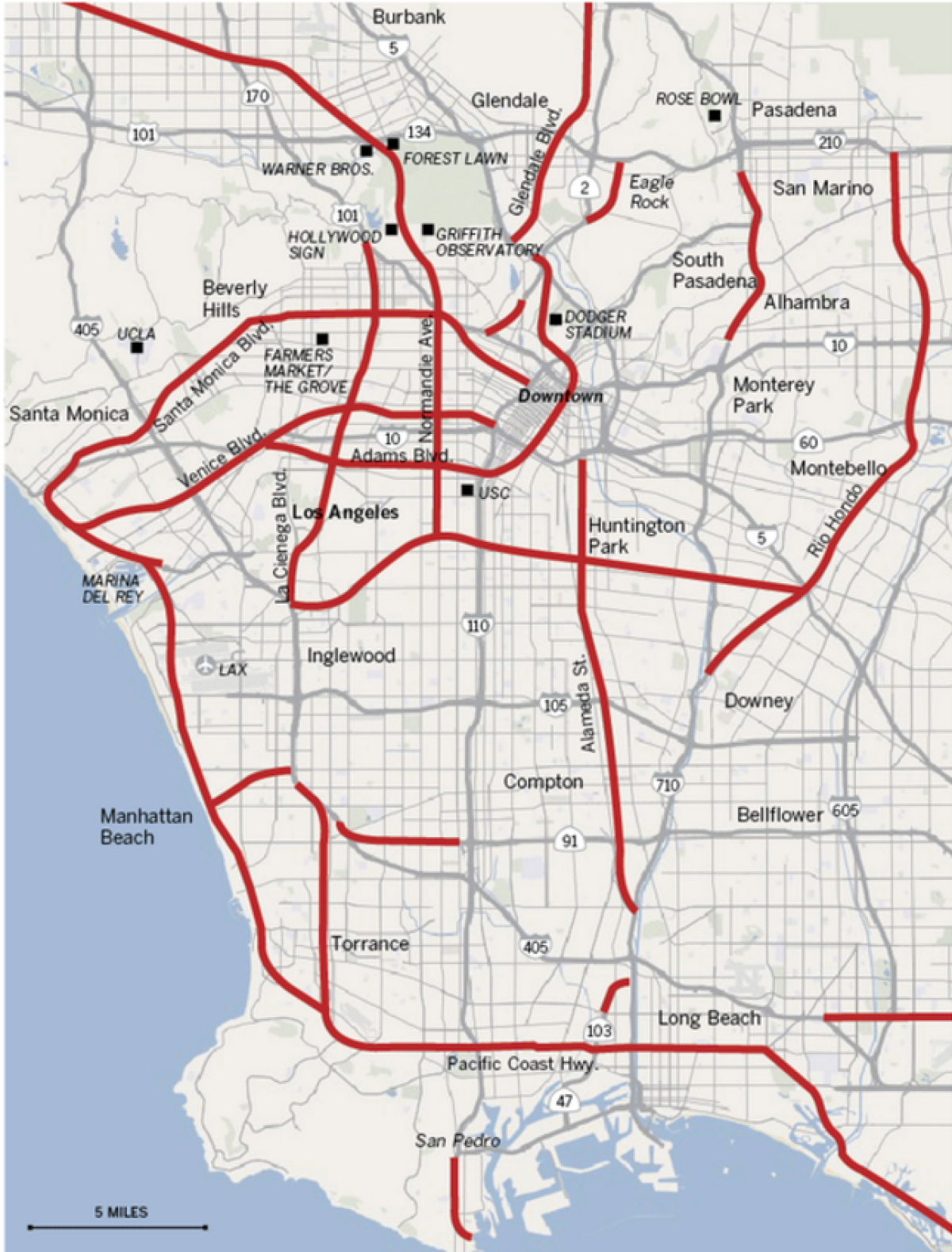 A map of some Los Angeles freeways that were never built. (Los Angeles Times)