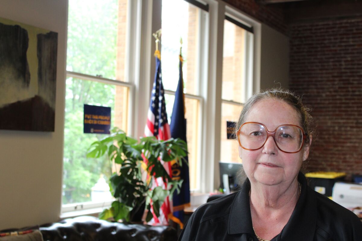 Betsy Johnson, Oregon's nonaffiliated gubernatorial candidate, poses in her campaign office in downtown Portland