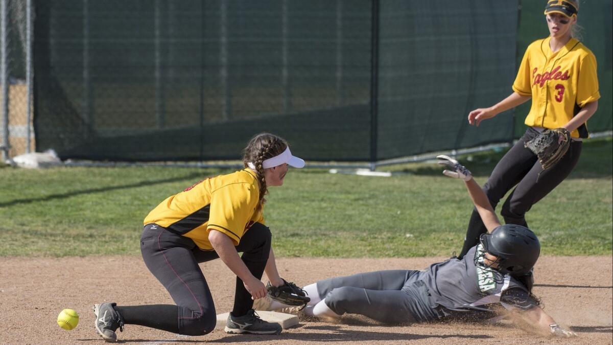 Valerie Castro, shown sliding into third base on April 9, had a double for Costa Mesa High during a 6-3 loss at San Gabriel Mission in the quarterfinals of the CIF Southern Section Division 7 playoffs on Thursday.