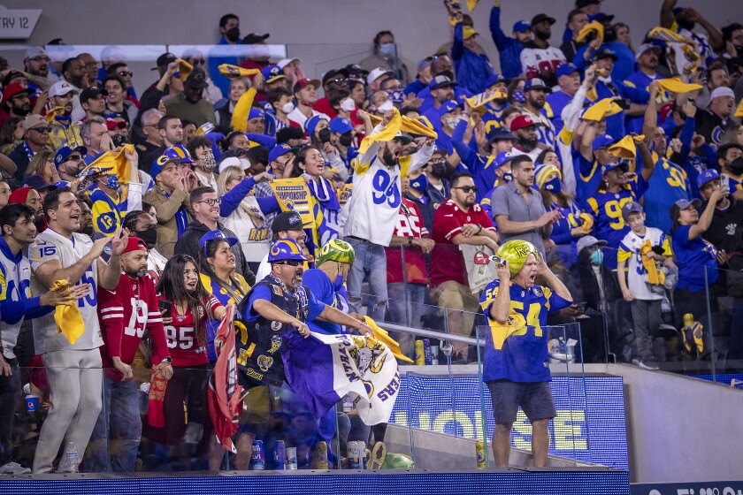Los Angeles, CA - January 30: Rams fans celebrate their 20-17 victory over the San Francisco 49ers in the NFC Championships at SoFi Stadium on Sunday, Jan. 30, 2022 in Los Angeles, CA. (Allen J. Schaben / Los Angeles Times)