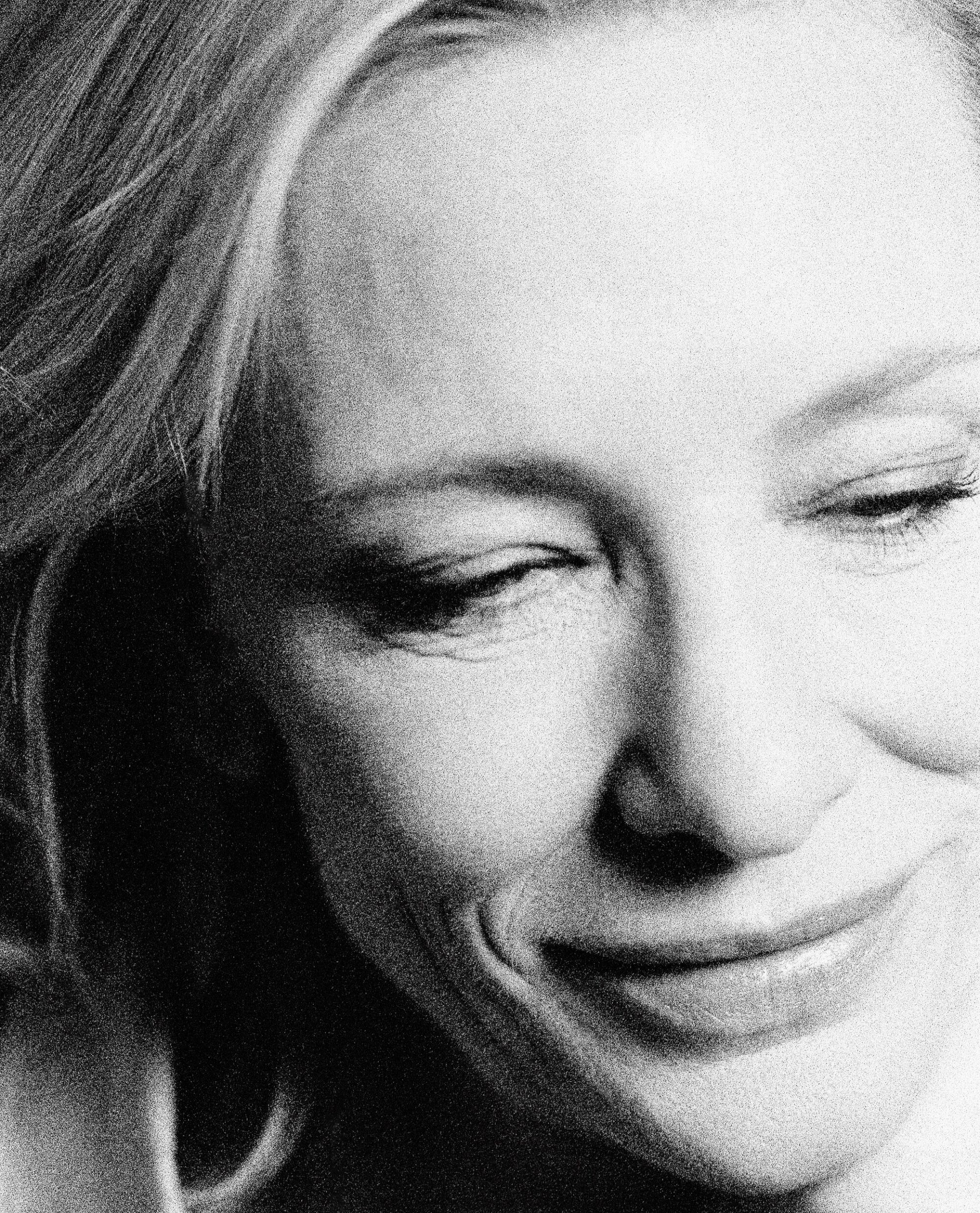 A black and white tight shot of Cate Blanchett's face.