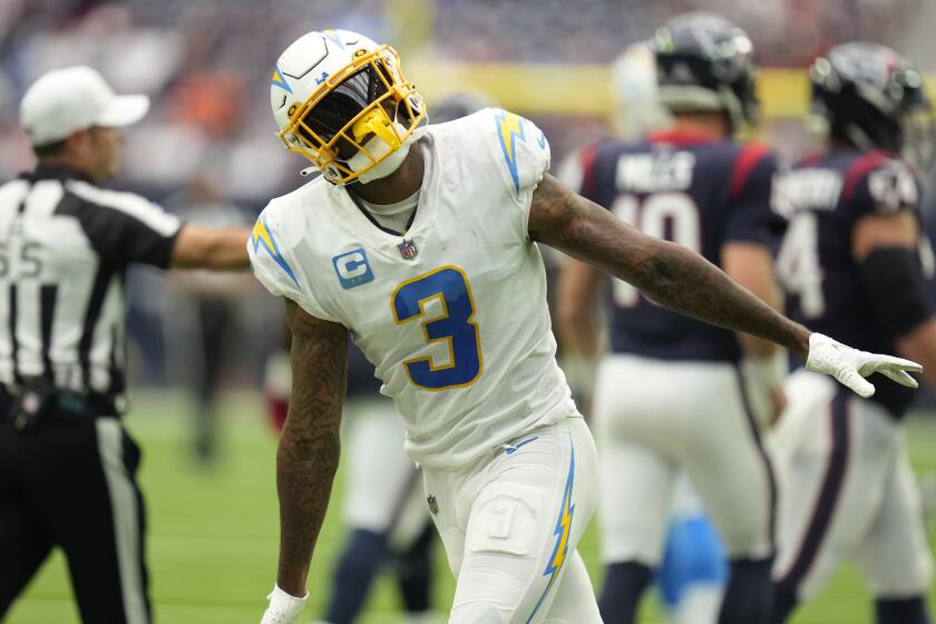 Los Angeles Chargers safety Derwin James Jr. (3) celebrates a stop against the Houston Texans.
