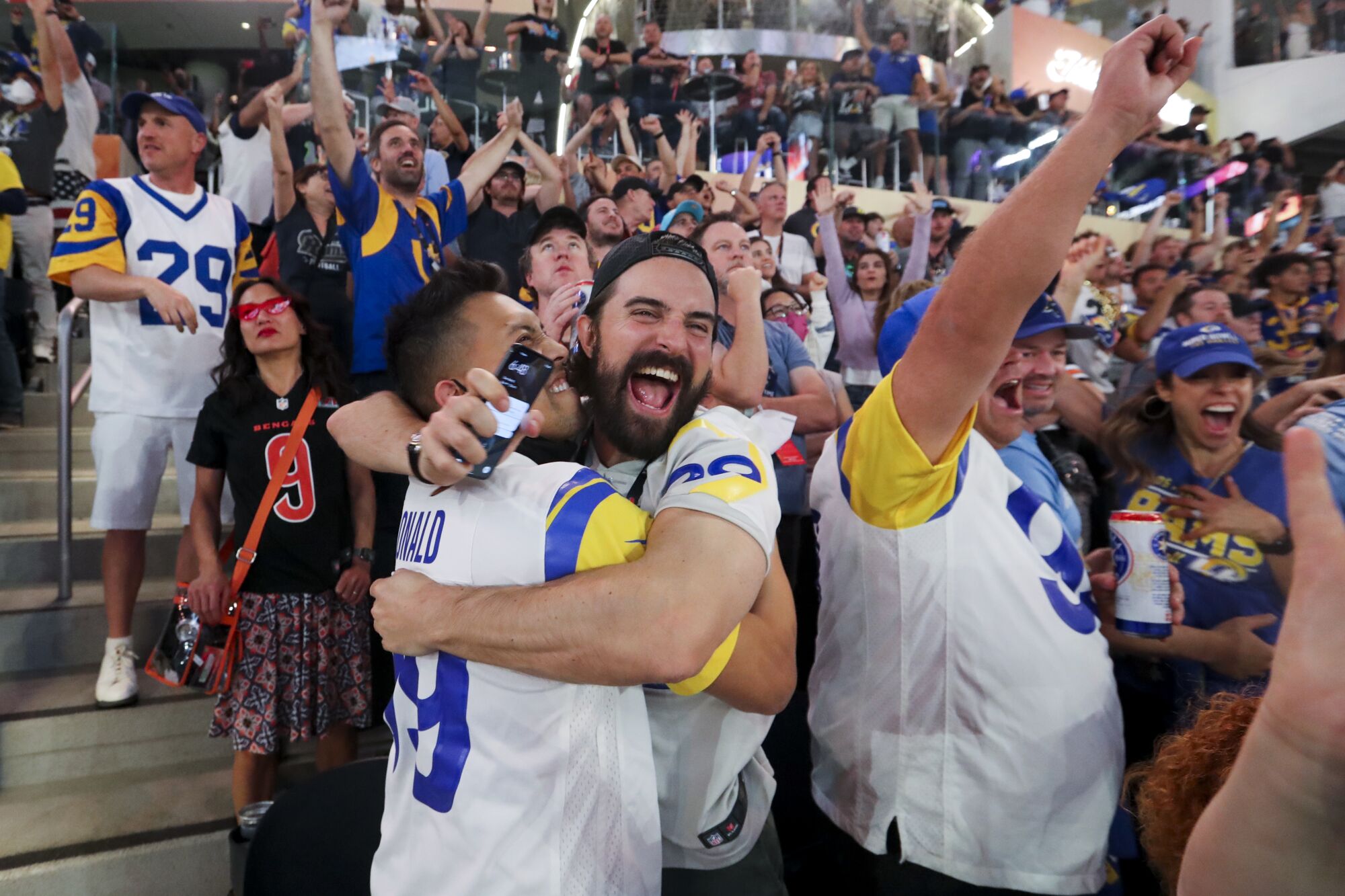 Inglewood, CA - February 13: Los Angeles Rams fans react during the second half in Super Bowl LVI.