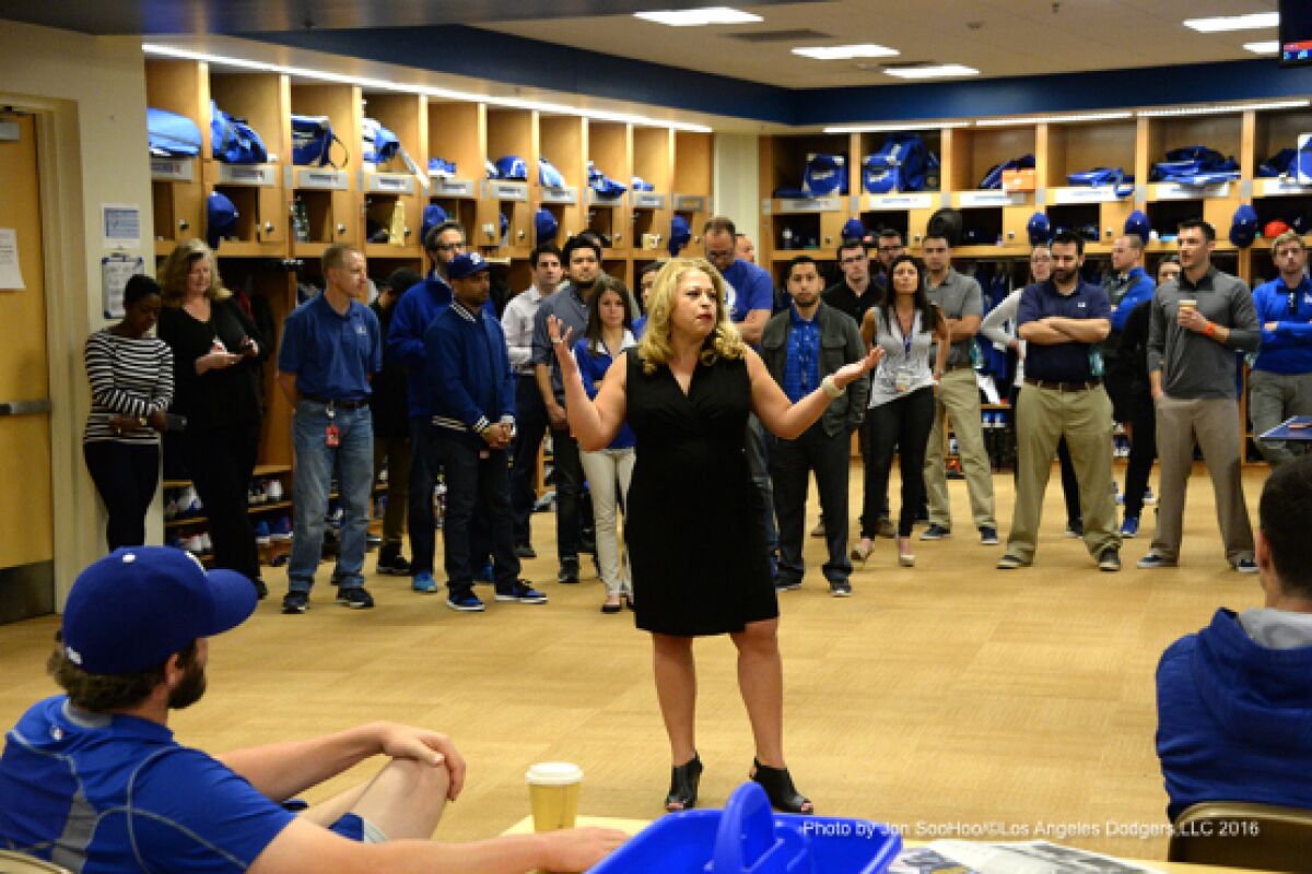 Naomi Rodriguez speaks to the Dodgers at the start of spring training Feb. 26, 2016, at Camelback Ranch.