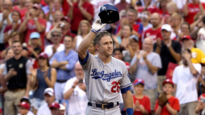 Dodgers second baseman Chase Utley acknowledges the Philadelphia crowd's cheers during his first at-bat Tuesday night.