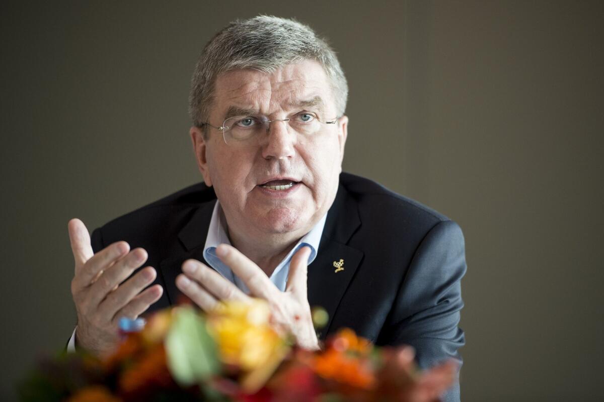 International Olympic Committee President Thomas Bach speaks with journalists Tuesday at the Olympic Museum in Lausanne, Switzerland.