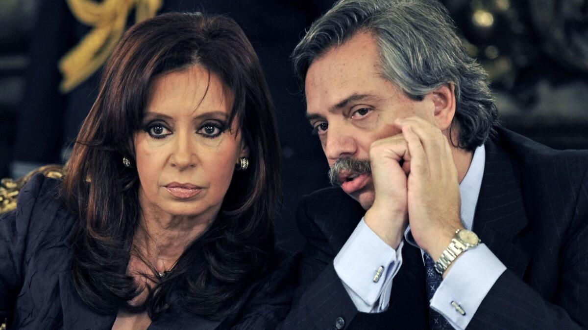 Then-President Cristina Fernandez de Kirchner of Argentina, left, with Chief of Cabinet Alberto Fernandez in March 2008. He is now running for president with Fernandez on the ticket as his candidate for vice president.