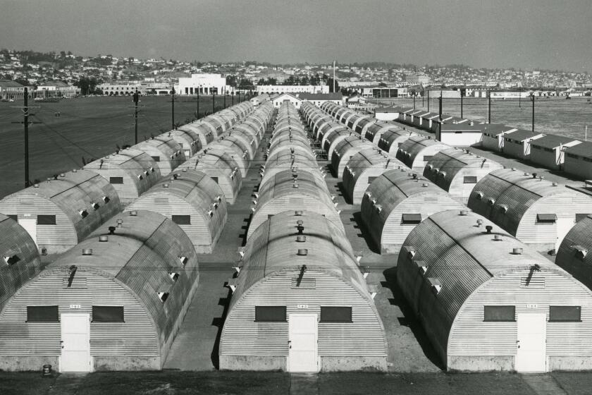 Hundreds of Quonset huts were erected at the Marine Corps Recruit Depot in San Diego between 1950 and 1953 to house personnel here. At the outbreak of the Korean War there were 300 recruits at the Depot. By April 1952 the recruit strength had risen to more than 15,000 and the total strength of the post to more than 23,000. (Published Union, April 27, 1952, a-24)
