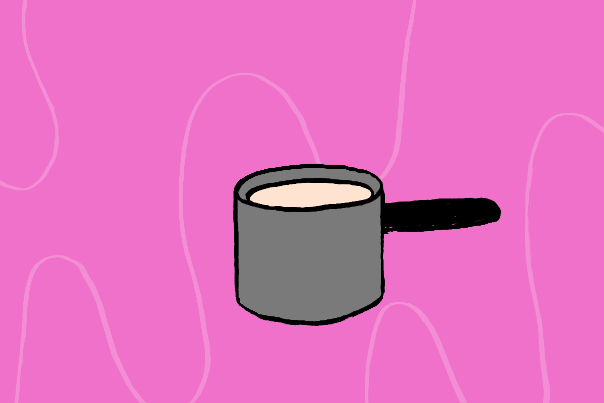 A smiling chili pepper drops into a pot of simple syrup