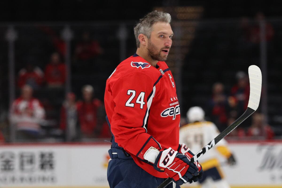 Washington Capitals star Alex Ovechkin pays tribute to Kobe Bryant by wearing No. 24 during warmups before a game against the Nashville Predators.