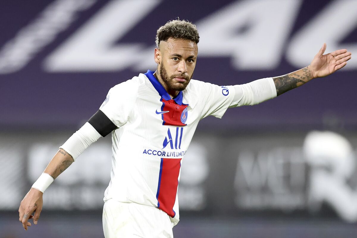 PSG's Neymar reacts during a French League One Soccer match between Rennes and PSG at the Roazhon Park stadium in Rennes, France, Sunday, May 9, 2021. (AP Photo/David Vincent)