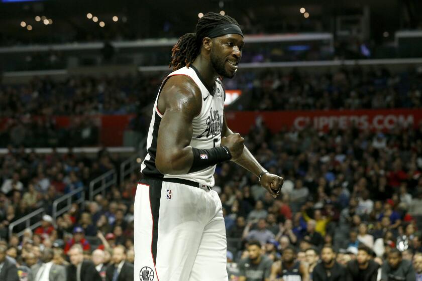 LOS ANGELES, CALIF. -- THURSDAY, JANUARY 16, 2020: LA Clippers forward Montrezl Harrell (5) celebrates after scoring a basket against the Orlando Magic in the second half at the Staples Center in Los Angeles, Calif., on Jan. 16, 2020. Clippers win 122 - 95. (Gary Coronado / Los Angeles Times)