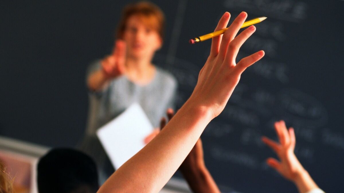 Teacher points to raised hands in classroom