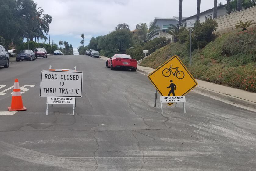 As part of the City of San Diego's Slow Streets Program, Diamond Street is closed to through traffic from Mission Boulevard to Olney Street, in an effort to create a safe road for pedestrians and bicyclists.