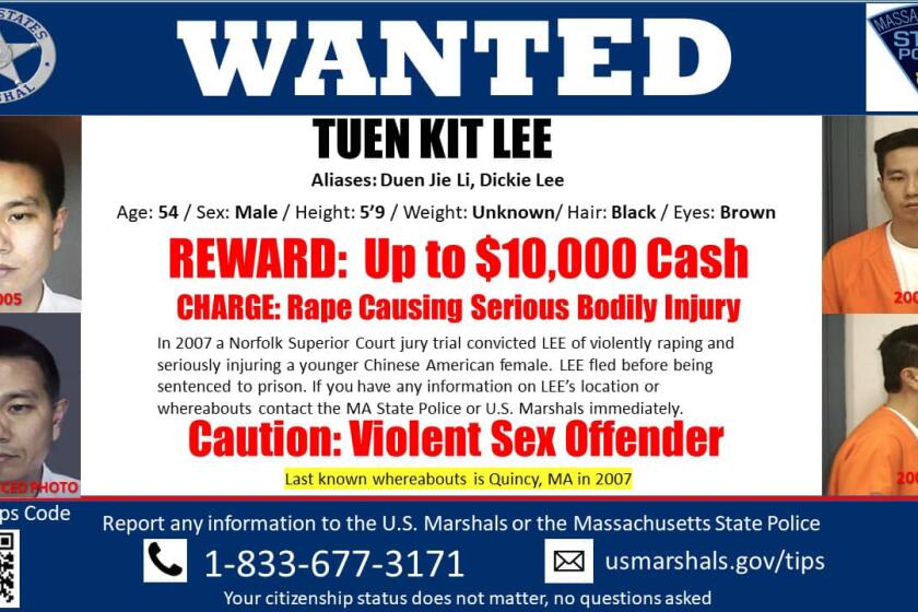 A wanted poster distributed by Massachusetts State Police for Tuen Kit Lee, A convicted rapist who fled during his 2007 trial and evaded Massachusetts law enforcement agencies for over 16 years was arrested in California Tuesday, according to law enforcement officials.
