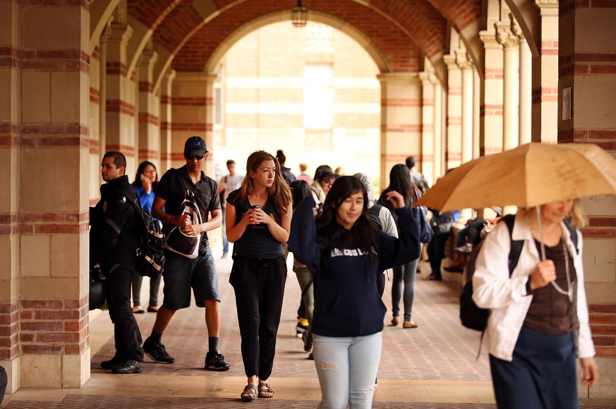 Students at Royce Hall on the UCLA campus.